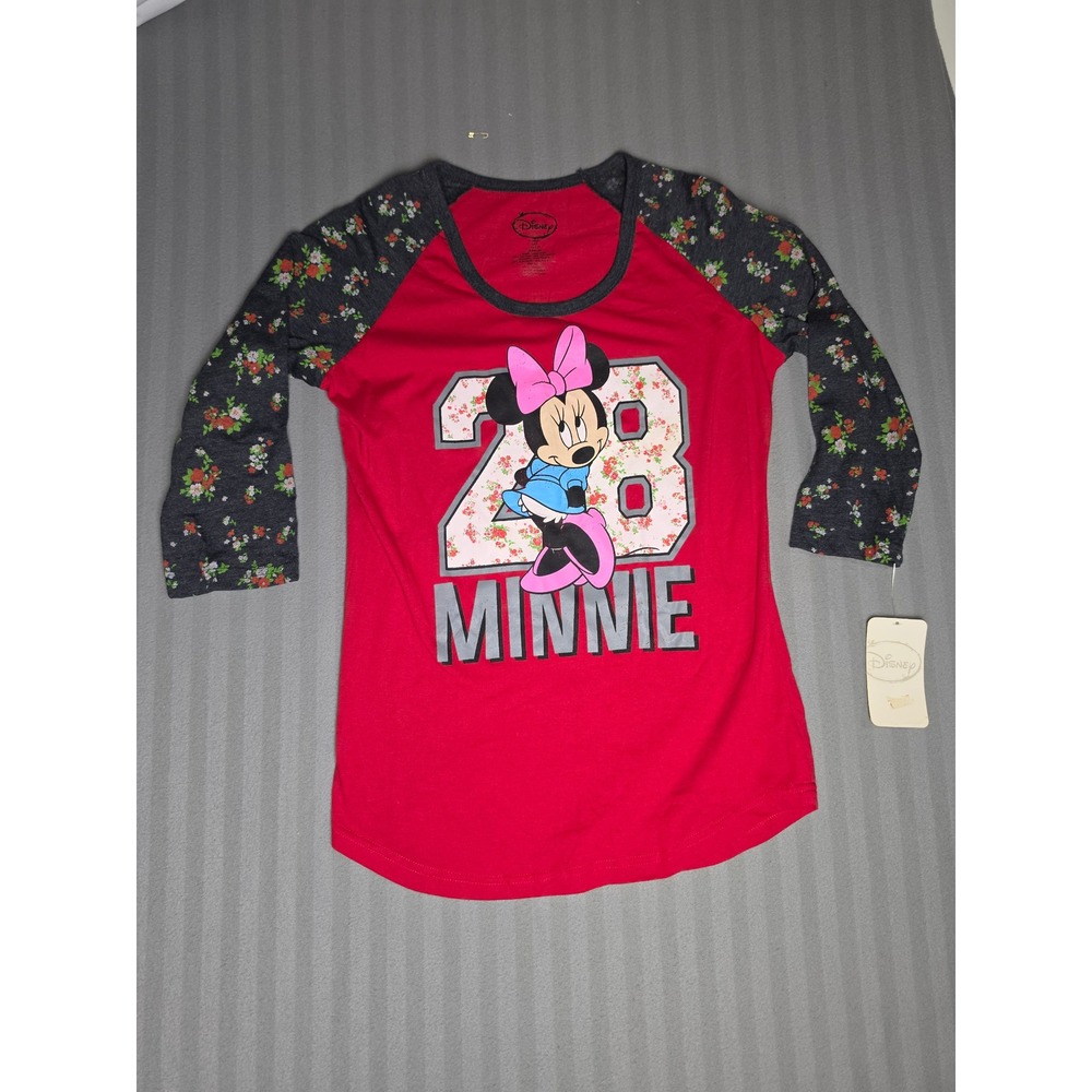 Disney Minnie Mouse Floral Raglan Top Red Grey 3/4 Sleeve Junior L 11/13
